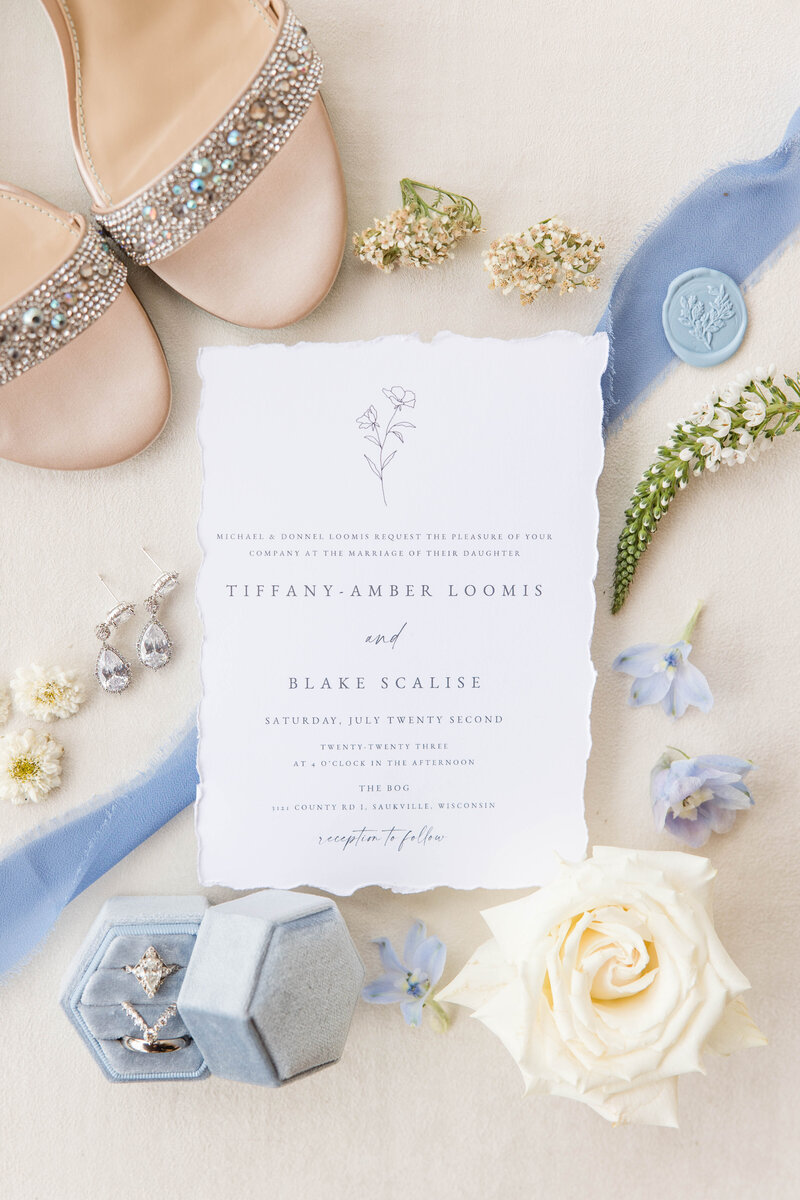 Blue wedding invitation suite with roses. Meredith Mutza Photography, Milwaukee Wedding Photographer.