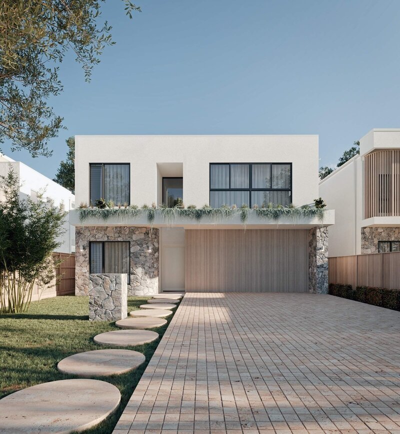Vela Signature Range contemporary front facade with clean lines, natural stone, and timber detailing in a compact luxury home design.