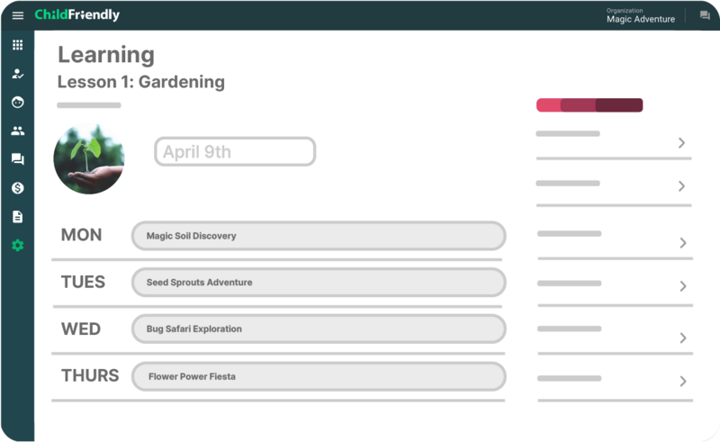 Learning home screen for childcare management app.