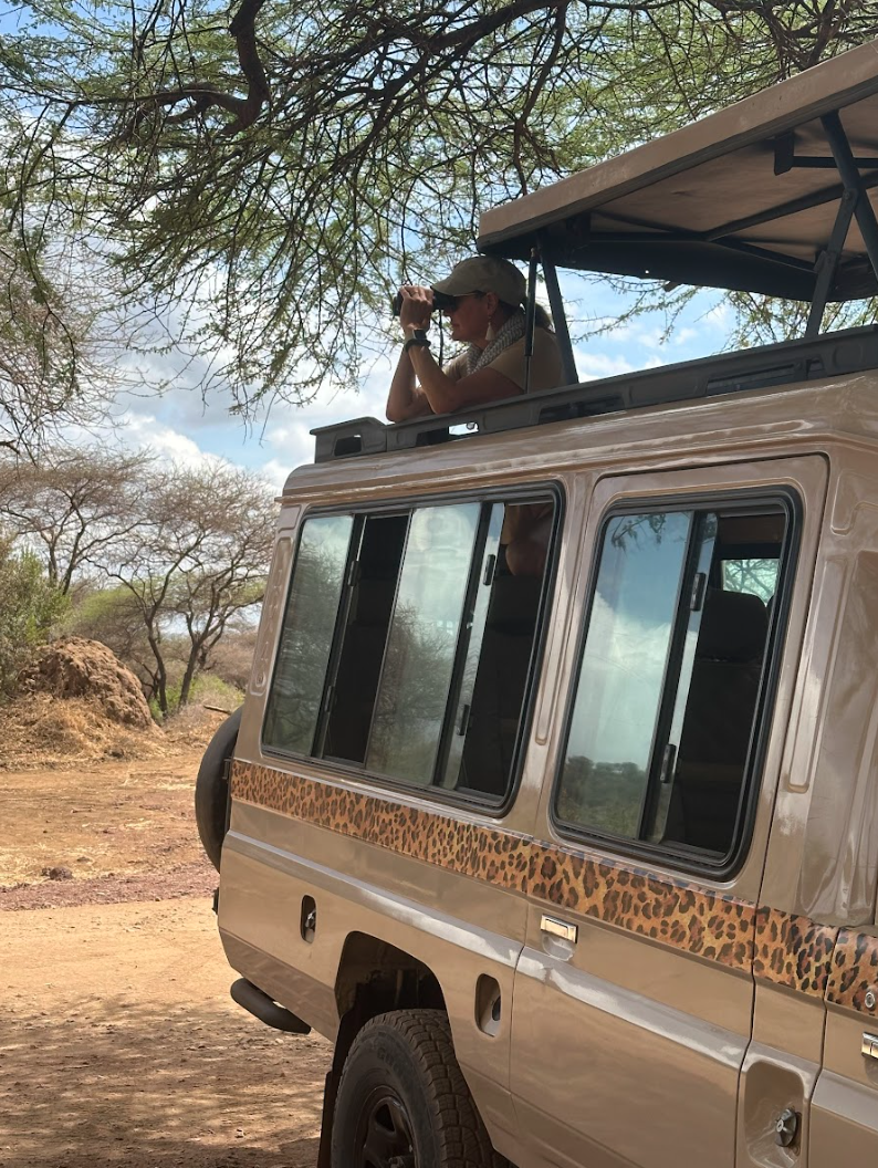 A woman sitting inside a safari vehicle, holding a camera, is seen looking out through the open roof of the vehicle while on a wildlife safari. The exterior of the vehicle has a leopard-print design near the windows.