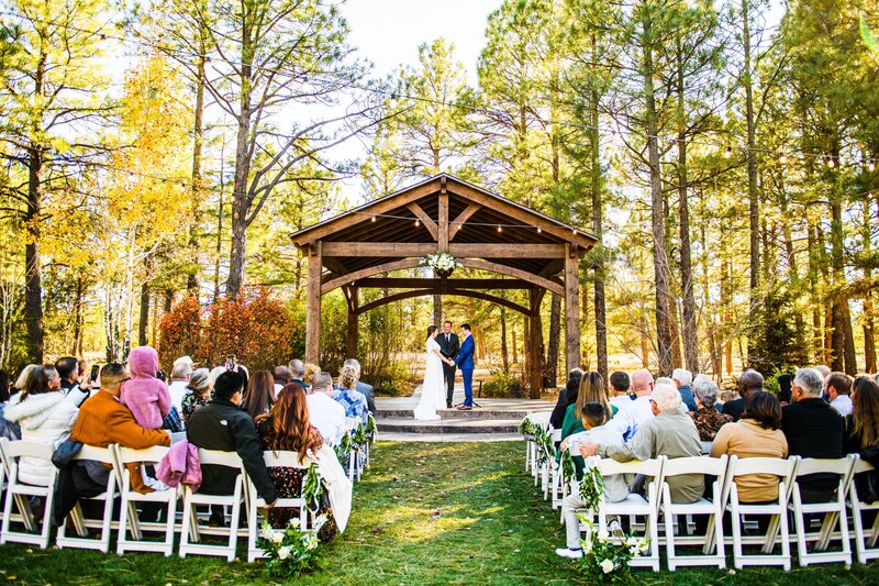 guests gathering seated at wedding ceremony with tall pine trees and golden lighting watching bride and groom holding hands at Little America Hotel  Flagstaff wedding