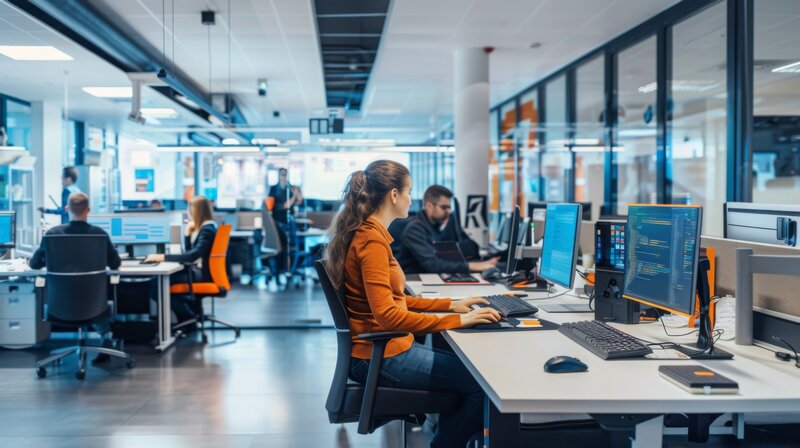 Employees working in an office, focused on their computers.