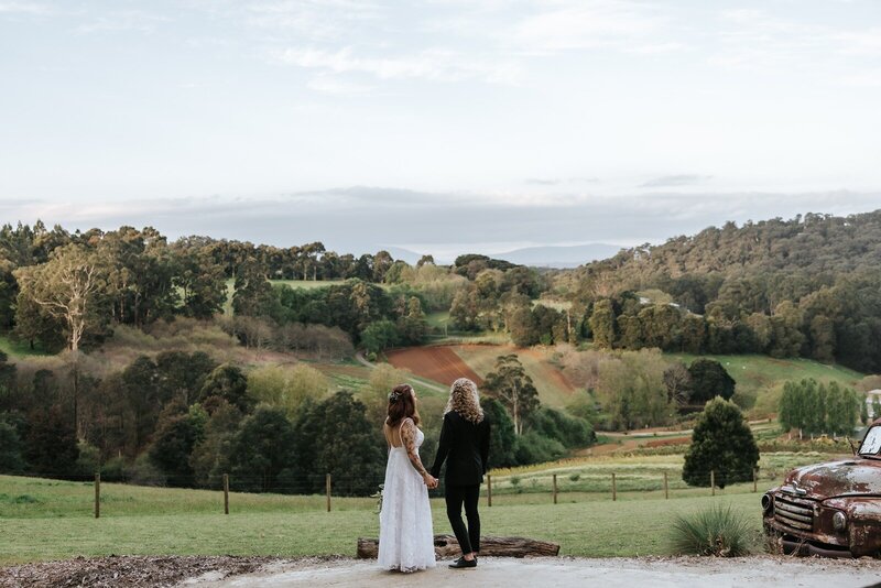A couple at their elopement overlooking the rolling hills of the dangenong ranges.