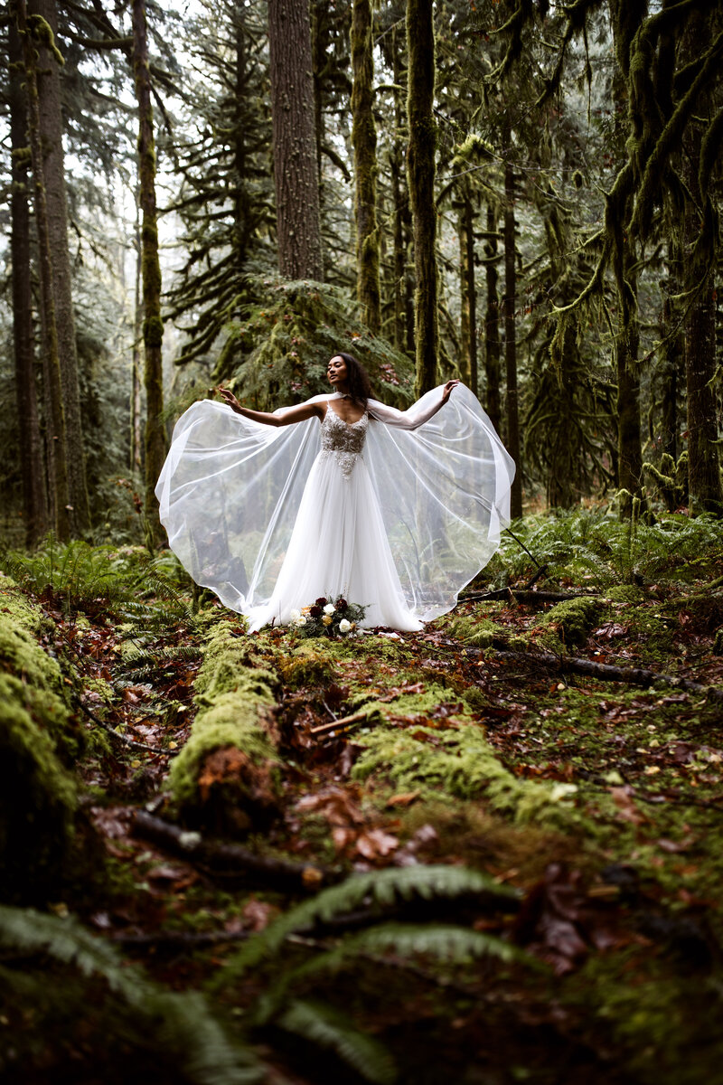 A whimsical forest bridal session capturing the free-spirited essence of the Pacific Northwest, perfect for adventurous photographers.