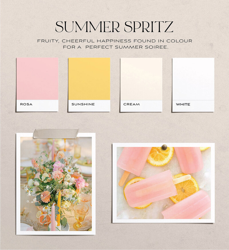 Mood board of lemons and pinks  palette for a wedding