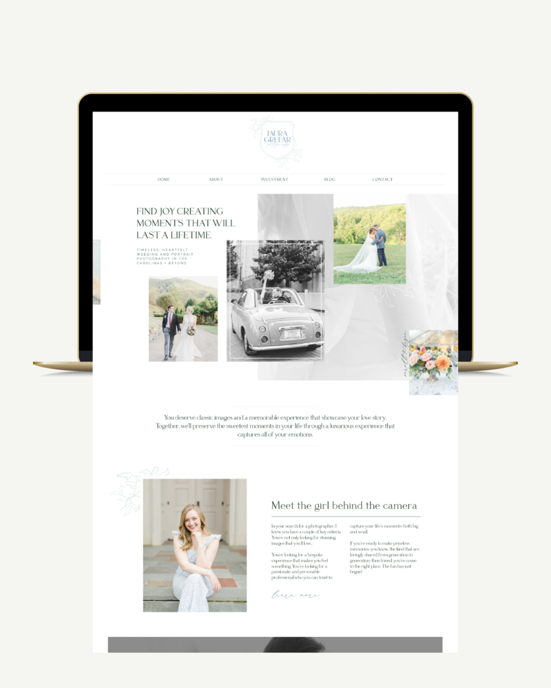 Screen capture of Sarah Nann Photography Showit website design displayed on gold macbook pro