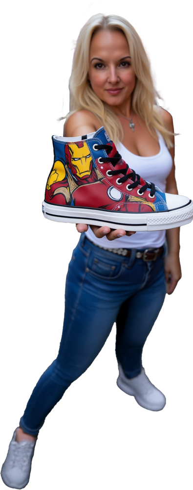 Buffy holding out custom painted one-of-one Iron man themed canvas high top sneaker