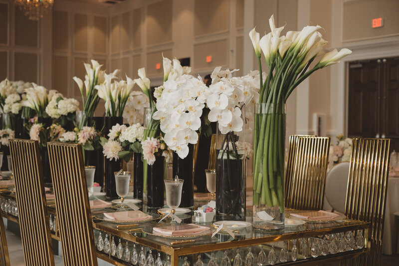 Swank Soiree Dallas Wedding Planner Jamie and Dwayne at The Bowden Wedding Venue - Reception table settings and white orchid centerpieces