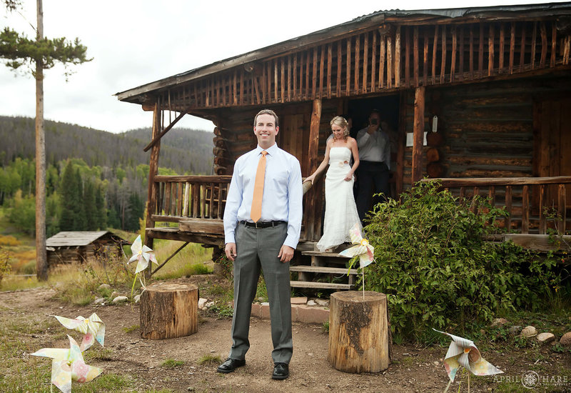 First Look wedding photo at Rowley Homestead wedding at Snow Mountain Ranch in Colorado