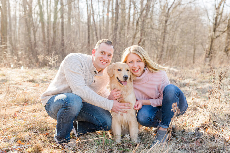 Mary Catherine, Michael, and Mahalo tall grass golden hour photography akron ohio golden retriever and couple photo