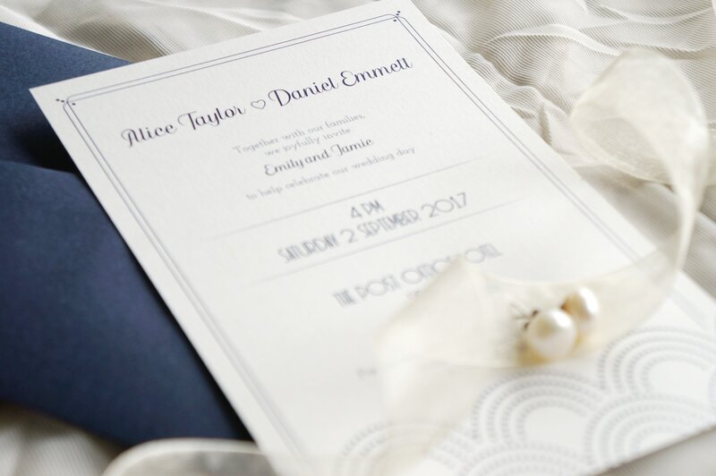 Art deco ivory and blue wedding invitation