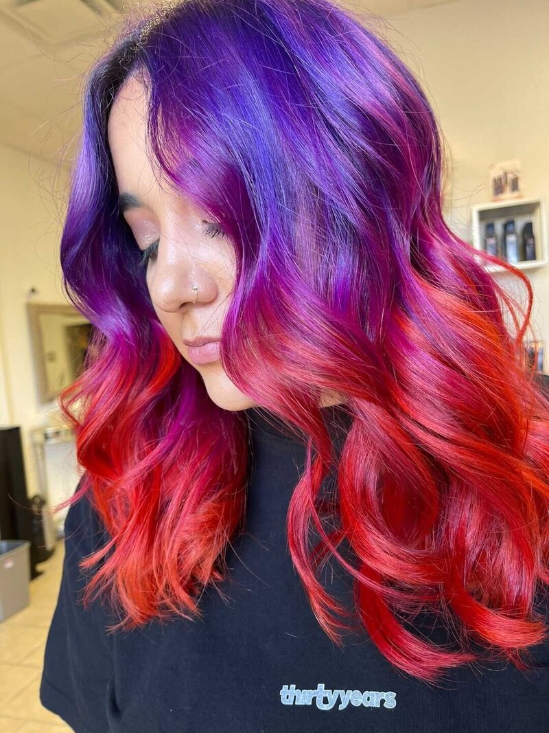 ombre purple, fuscia, red hair