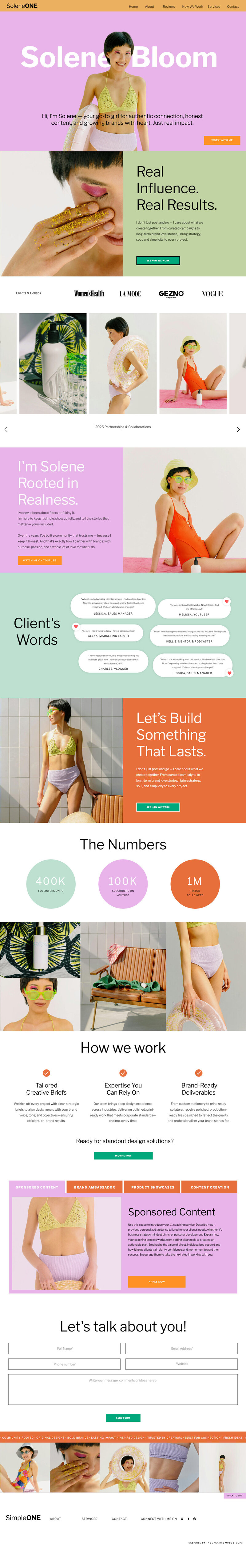 Desktop view of Eleanor Showit website template with elegant layout, large image sections, and clear navigation for coaches and creatives.