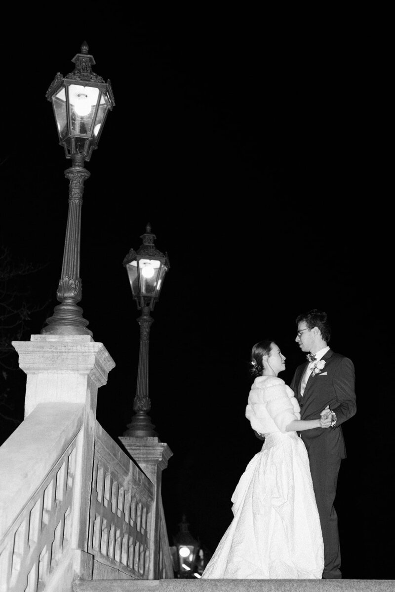 Luxury wedding in Europe – sophisticated bride in a modern wedding gown and groom in a timeless suit.