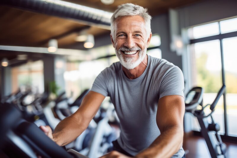 Older gray haired man smiling while on an exercise bike