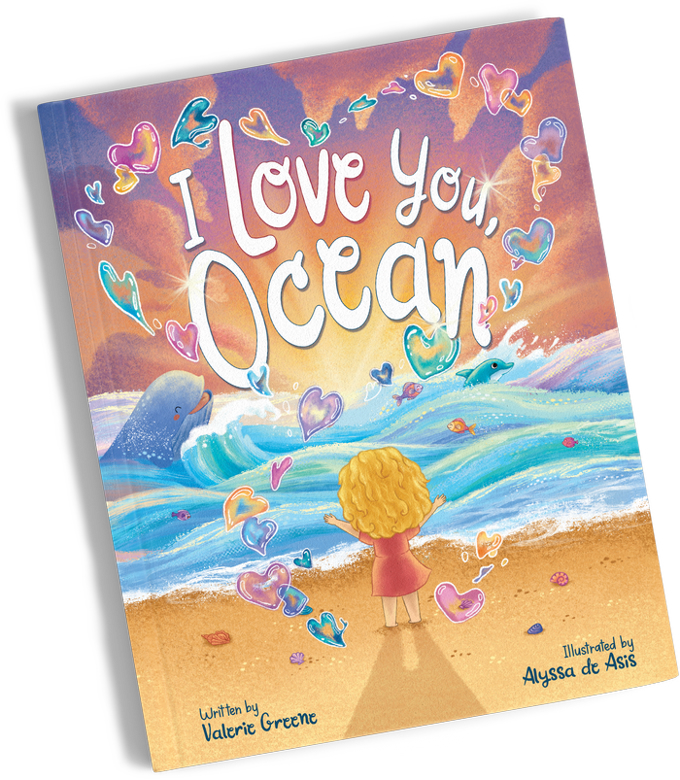 colorful cover with little girl and hearts in front of an ocean animated