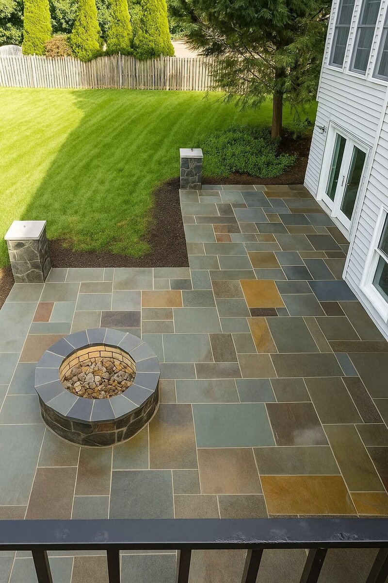 Backyard fire pit installation in Northern Virginia with stone paver patio.
