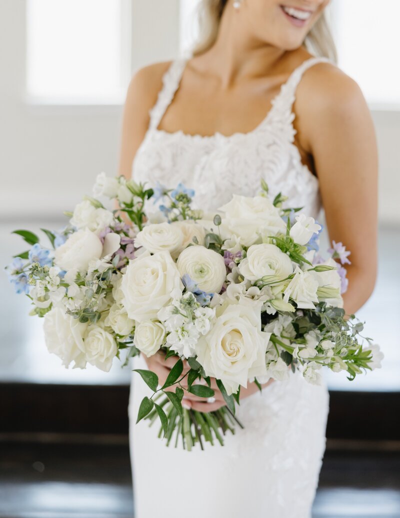 White dusty blue and lavender bridal bouquet