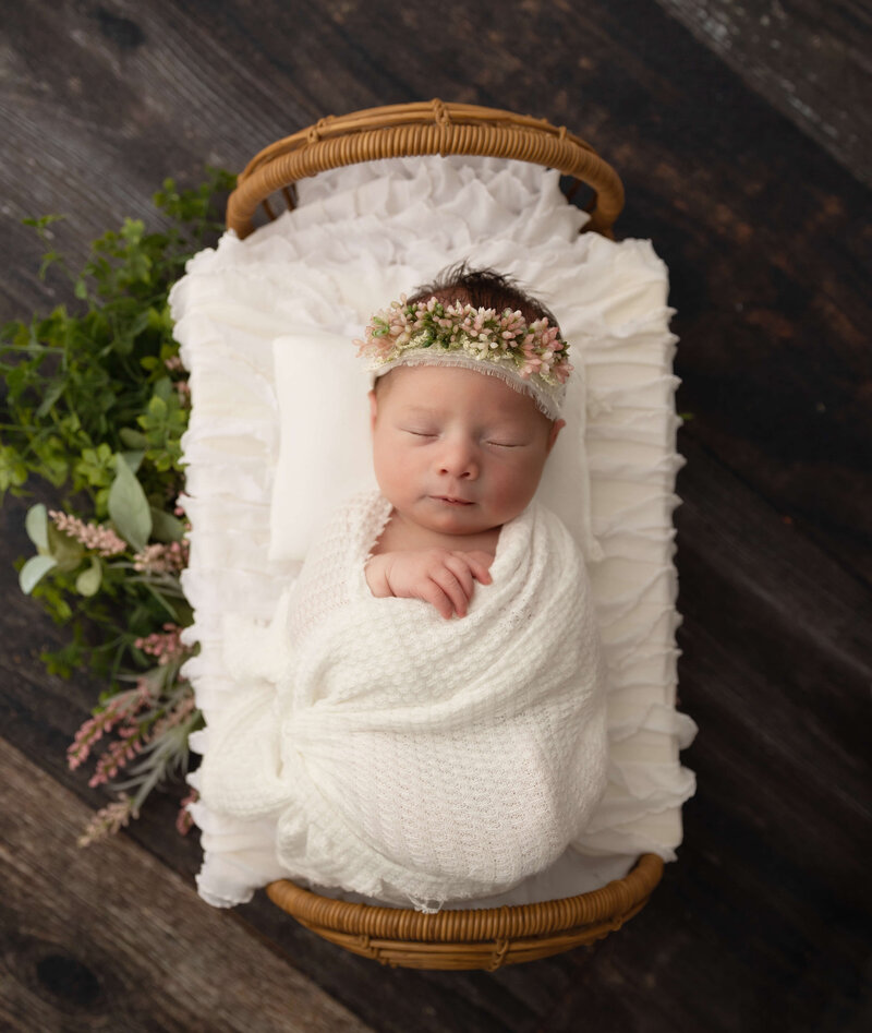 Baby girl newborn portrait in an Erie Pa photography studio laying on a bed