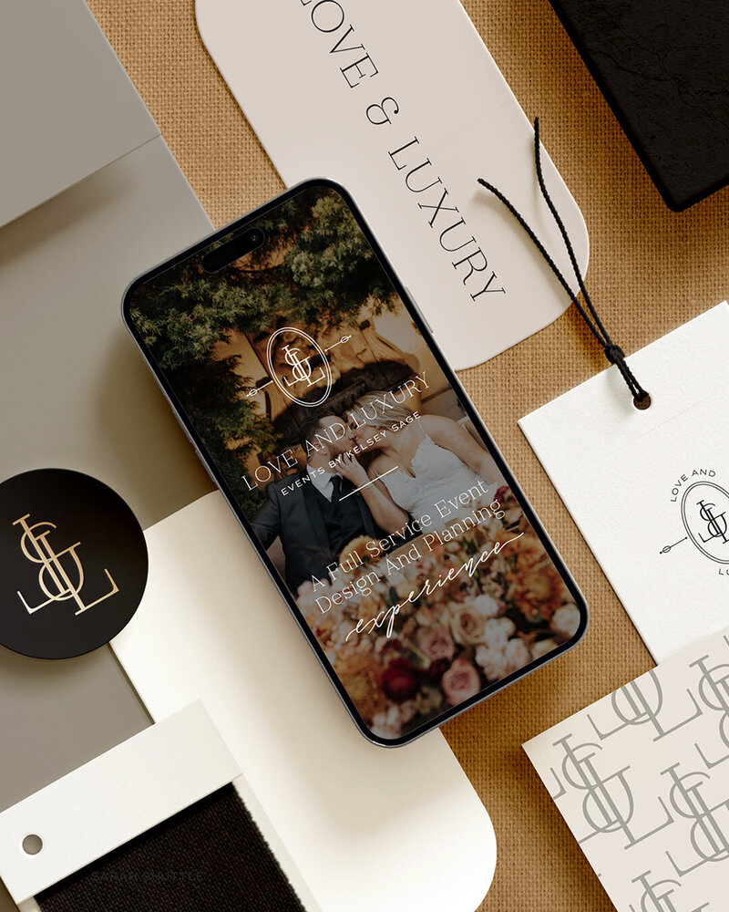 Collage of Love & Luxury Events branding elements and phone screen mockup