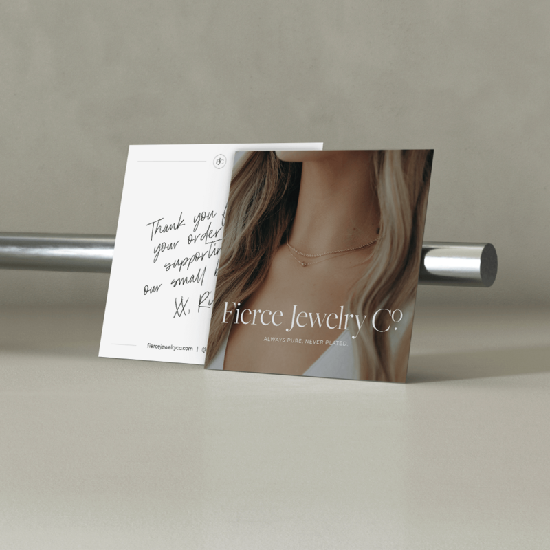 Fierce Jewelry Co thank you card mock up with a girl wearing a necklace