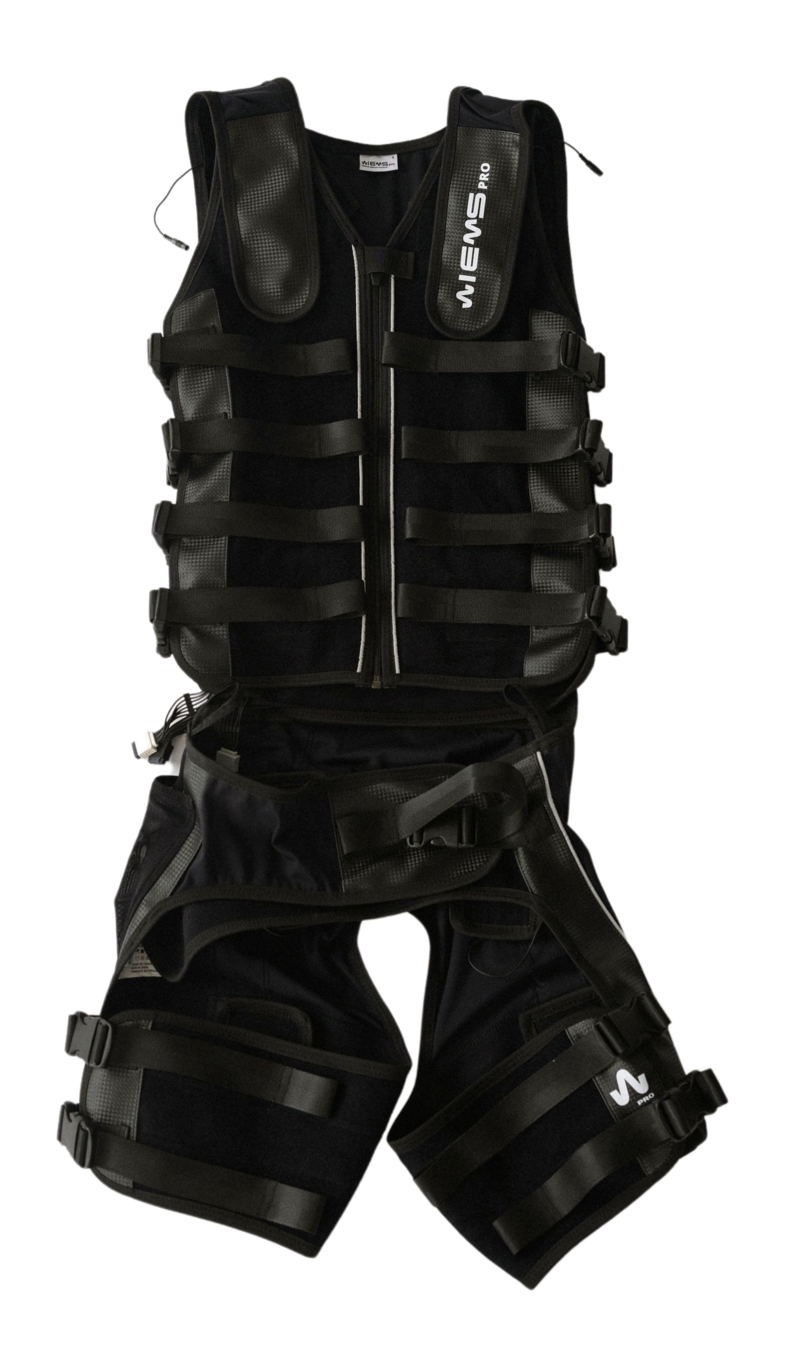 A professional EMS training suit with electrodes designed for effective muscle stimulation and efficient workouts.