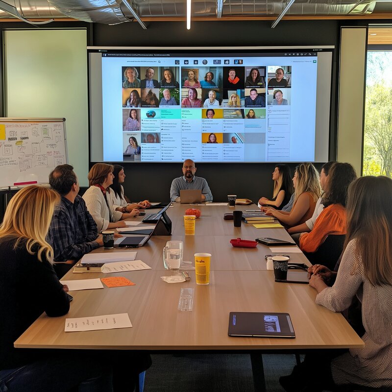A large team attending a workplace meeting during a presentation, seated around a table with a speaker presenting slides on a screen.