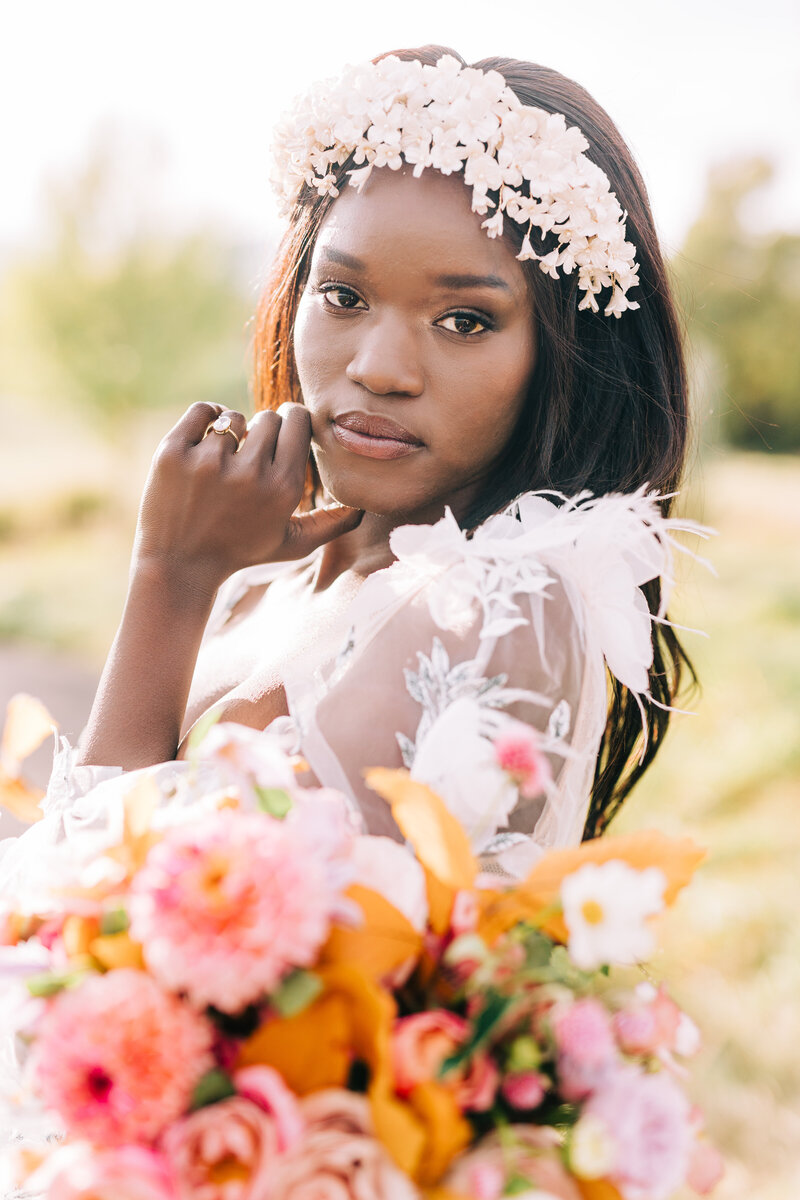 Colorful, editorial portrait of bride glancing at the camera, Knoxville  wedding photographer Winx Photo