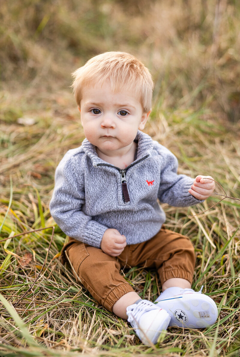 Portrait of a one-year old boy sitting in a field looking at the camera. 