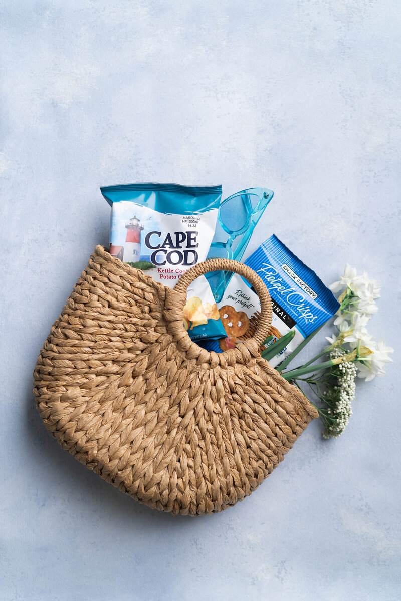 welcome basket for guests on a wedding weekend with a grandma core feel by Houston wedding photographer Swish and Click Photography