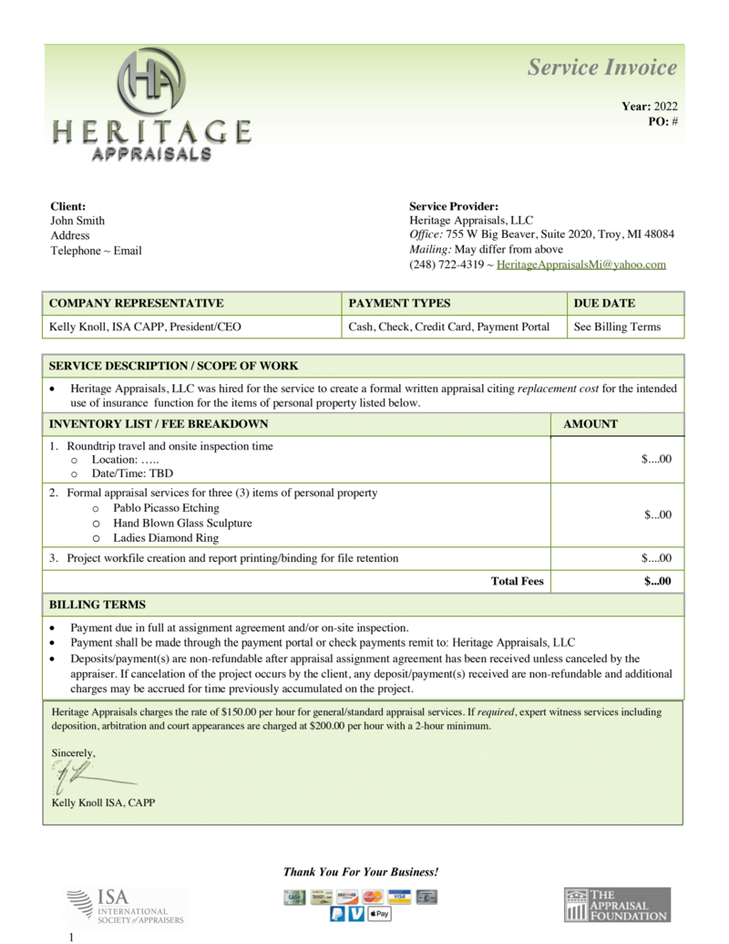 Heritage Appraisals pricing