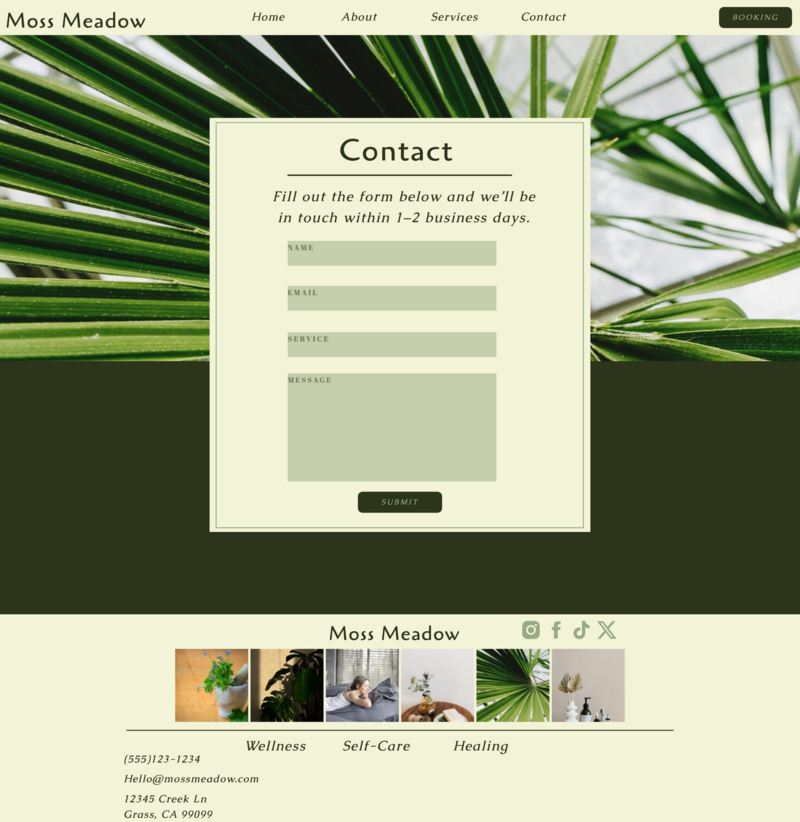 Moss Meadow contact page with a soft green contact form overlaying palm leaf photography. Includes fields for name, email, service, and message. Elegant, natural design for wellness and self-care brands