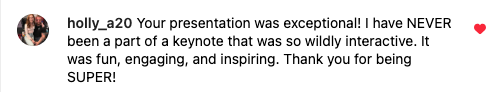 Instagram testimonial for keynote speaker, Brittany Hodak. The  glowing review comes from an attendee at the Orange Theory Momentum event in 2024.