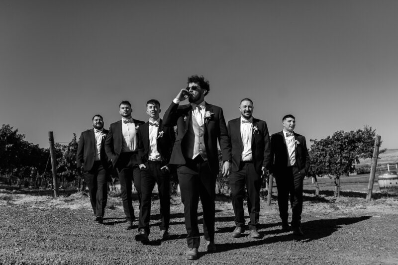 Groomsmen dressed in classic black tuxedos walking together through a lush vineyard, captured in striking black and white photography for a sophisticated and timeless wedding portrait.