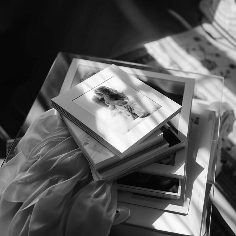 Printed female photos stacked on the table