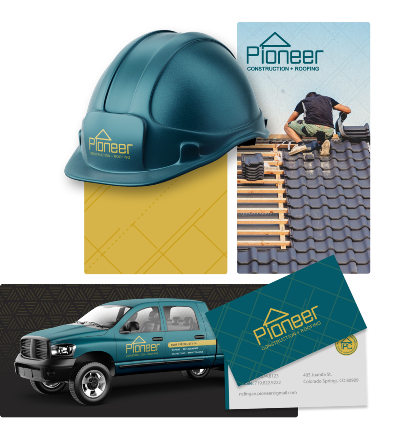 Collage of five images showcasing the different elements of the brand Pioneer Construction. Includes: hardhat, image of man fixing a roof, golden line texture, business card and pickup truck.
