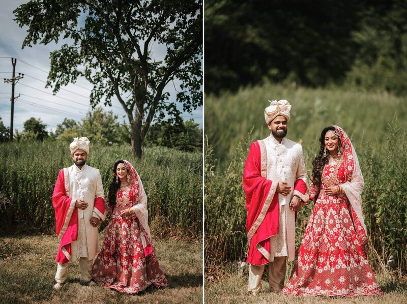 South Asian couple stands in open field after ceremony  at Royal Alberts Palace.