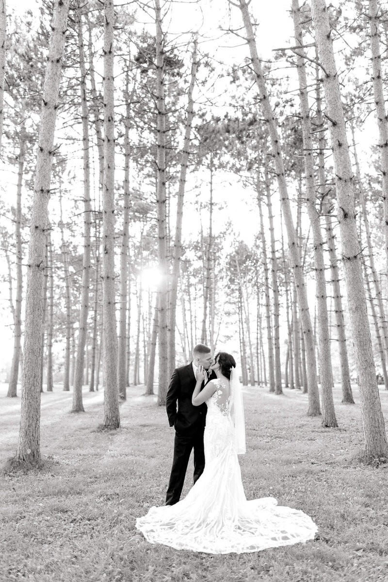 couple kissing in the trees with sunlight peeking through
