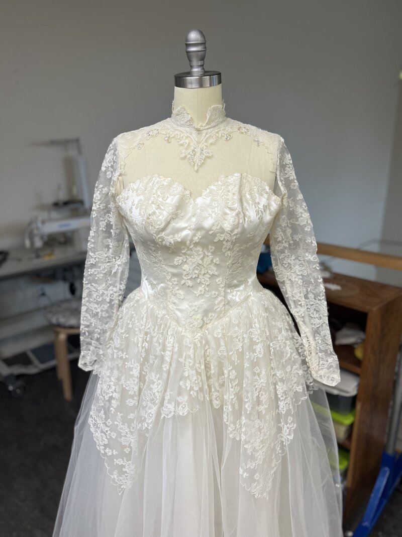 Trisha's Grandma's vintage 1957 wedding gown, ready for restyling.