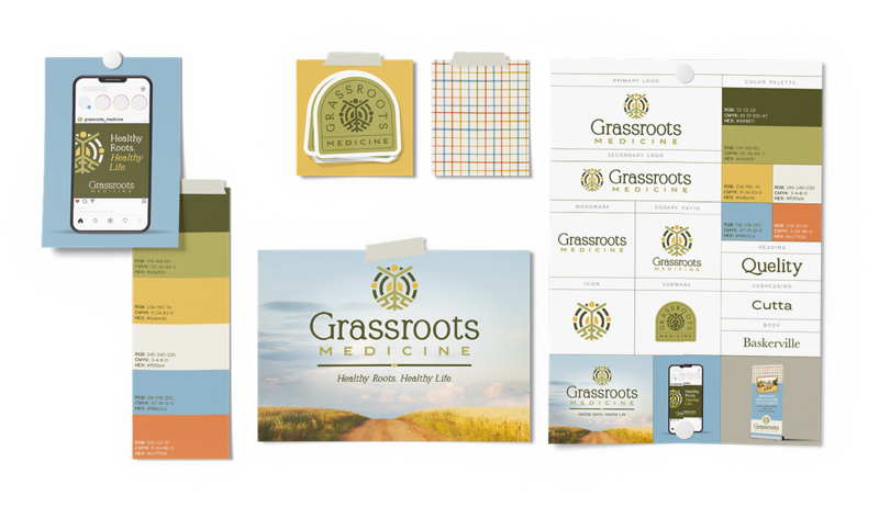 Mood board for branding client, Grassroots Medicine with color palette, photography, icons, patterns and logos