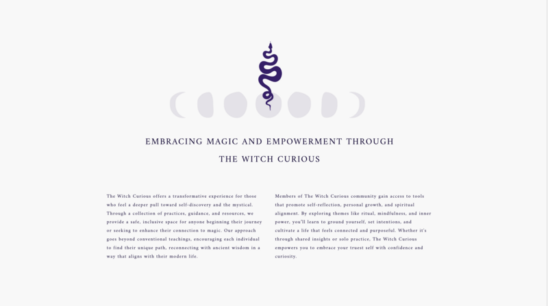 The Witch Curious website homepage design showcasing serene colors and calming user interface for a spiritual wellness brand.