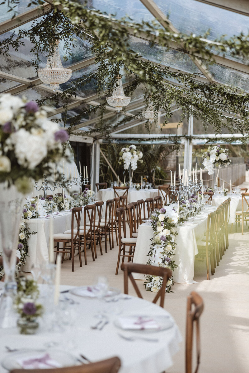 Long banqueting tables of flowers at Carbis Bay