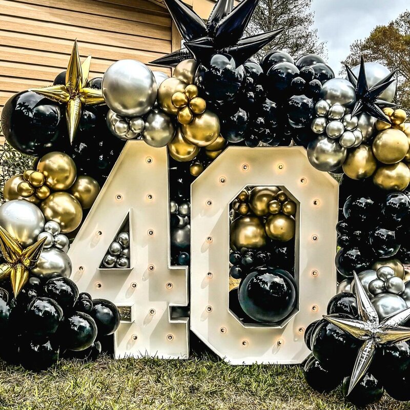 40 birthday party black and gold balloons and marquee numbers