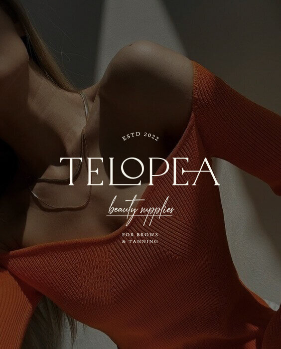 A stylish promotional image for Telopea Beauty Supplies, featuring elegant typography overlaid on a close-up of a woman wearing a bold, off-the-shoulder orange top. The text "Telopea Beauty Supplies, Estd 2022" is displayed prominently, emphasizing the brand's focus on beauty products for brows and tanning. The dark, moody lighting adds a sophisticated and modern aesthetic to the design.