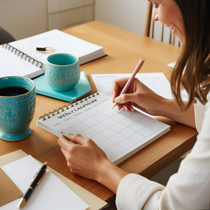 Woman planning with a blank monthly calendar and coffee — ready to take the next step with clarity