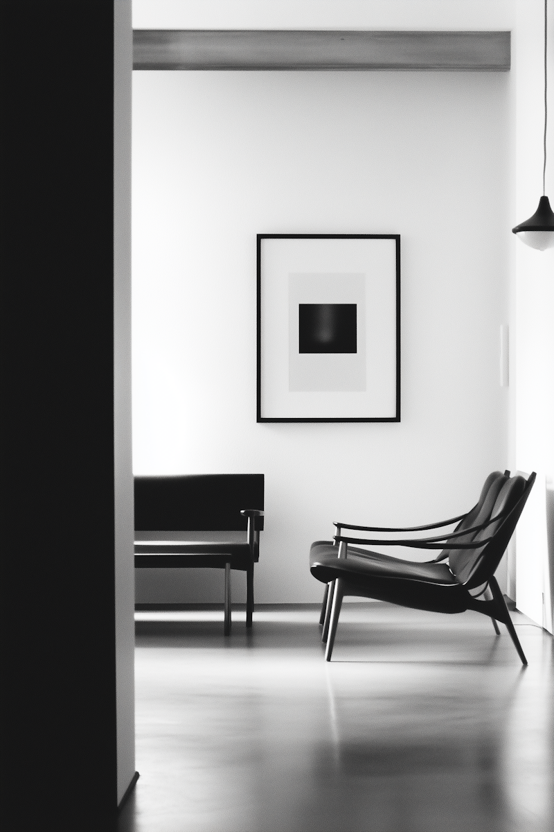 Minimalist black and white interior with abstract art, symbolizing clarity, balance, and intentional design — core values in Ayah Official’s mentorship approach.