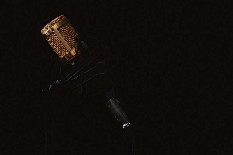 Image of a black and gold condenser microphone 