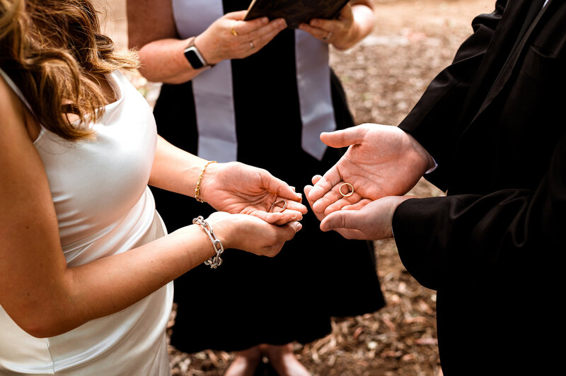 Couple holding rings during elopement ceremony