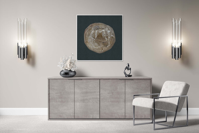 Fine Art Canvas with a white frame featuring Project Stardust micrometeorite NMM 3230 for luxury interior design