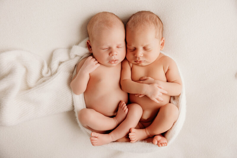 Ava and Sophia cuddling together and sleeping during their newborn photoshoot with michelle kelly photography in auckland